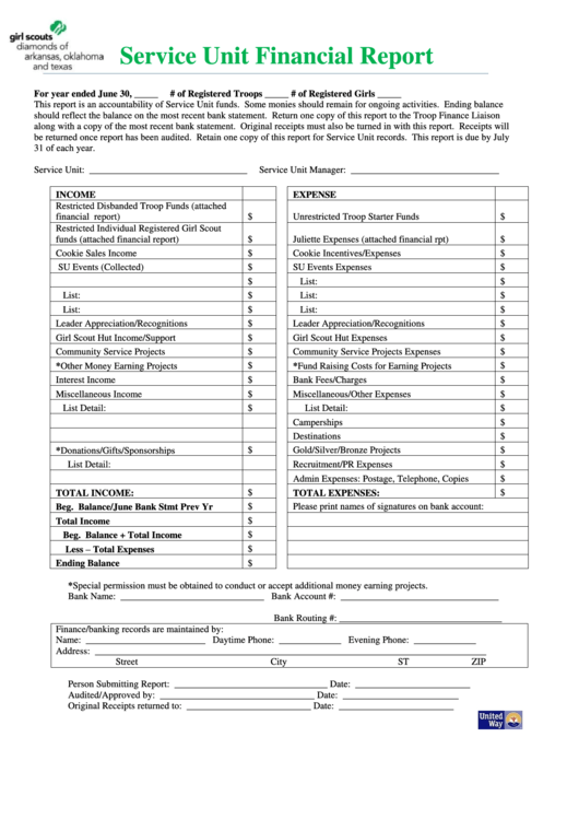 Service Unit Financial Report Form Printable pdf