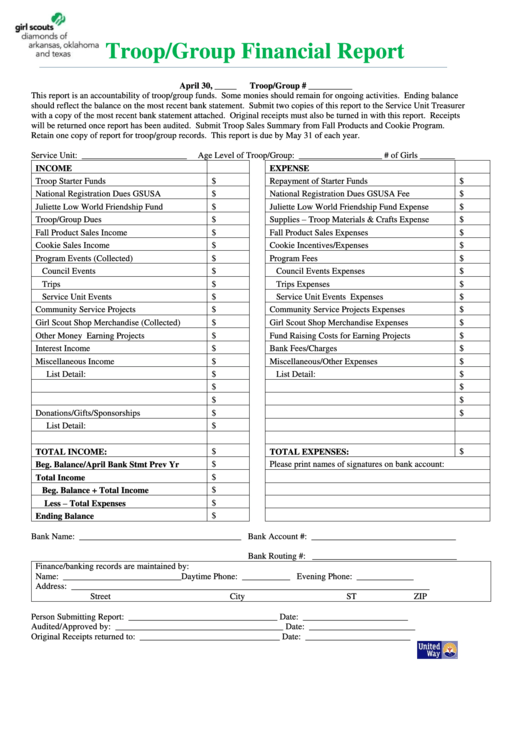 Troop/group Financial Report Form Printable pdf