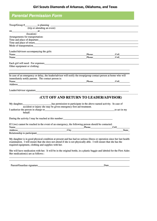 Girl Scouts Diamonds Of Arkansas, Oklahoma, And Texas Parental Permission Form Printable pdf