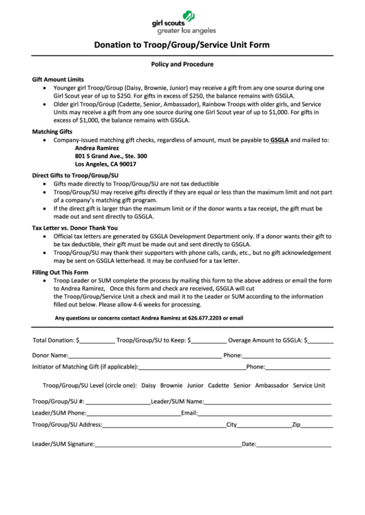 Donation To Troop/group/service Unit Form Printable pdf