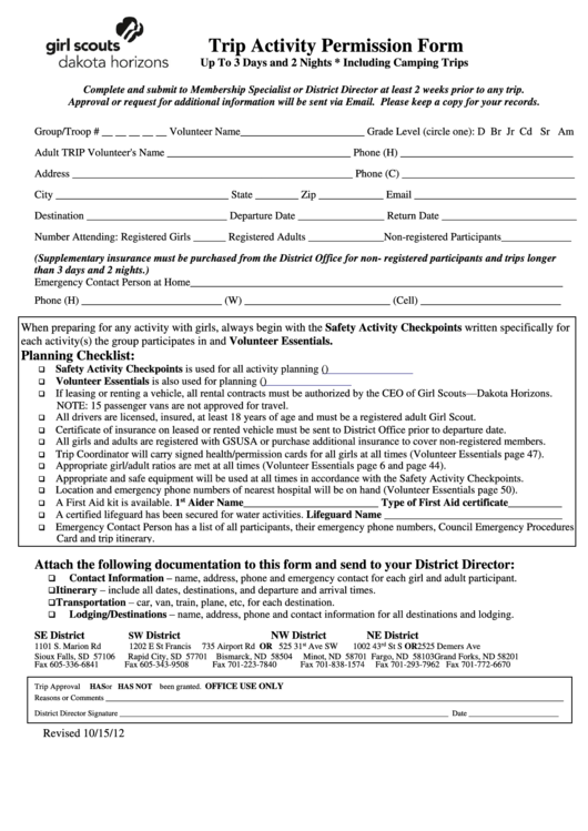 Trip Activity Permission Form Printable pdf