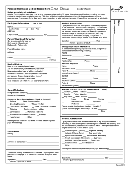 Fillable Personal Health And Medical Record Form printable pdf download