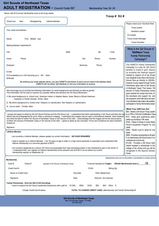 Fillable Girl Scouts Of Northeast Texas Adult Registration Form Printable pdf