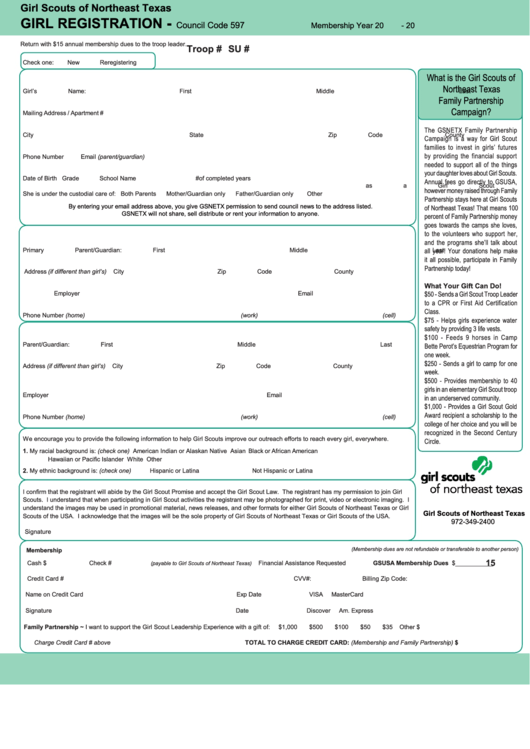 Fillable Girl Scouts Of Northeast Texas Girl Registration Form Printable pdf