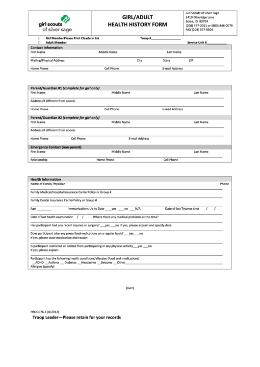 Fillable Form Prog076.1 - Girl/adult Health History Form Printable pdf