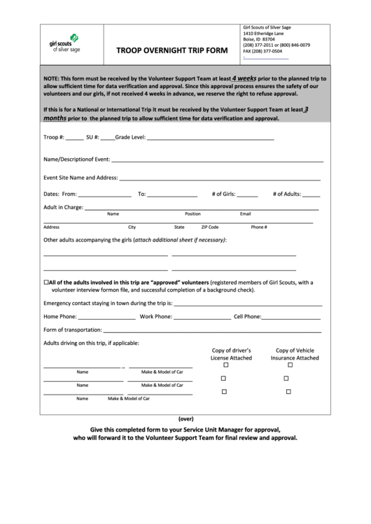 Fillable Troop Overnight Trip Form Printable pdf