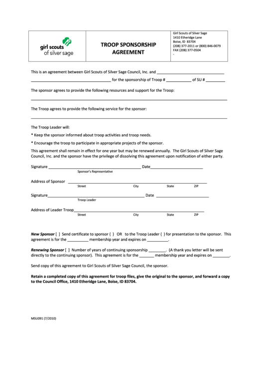 Fillable Form Msu091 - Troop Sponsorship Agreement Form Printable pdf