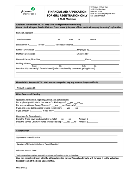 Fillable Form M-03 - Financial Aid Application For Girl Registration Only Form Printable pdf