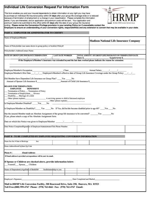 Fillable Individual Life Conversion Request For Information Form Printable pdf