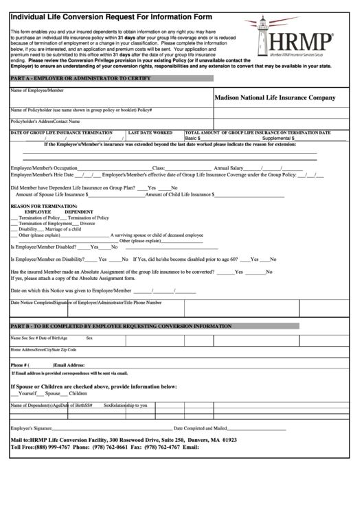 Fillable Individual Life Conversion Request For Information Form Printable Pdf Download