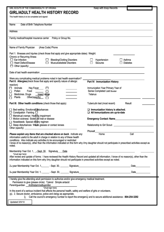 Fillable Girl Scouts Of The Commonwealth Of Virginia Girl/adult Health History Record Form Printable pdf