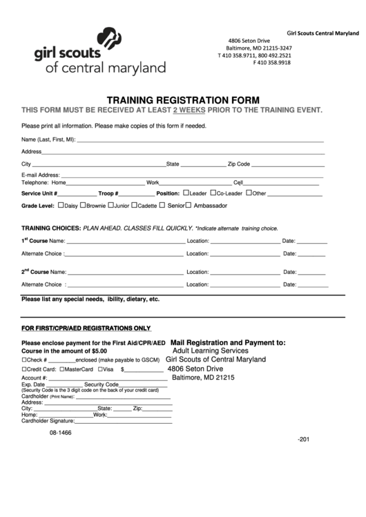 Fillable Form 08-1466 - Training Registration Form Printable pdf