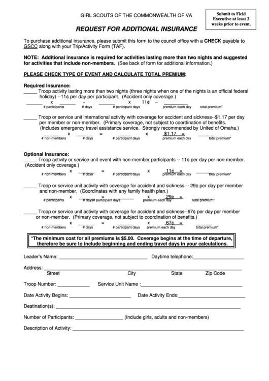 Girl Scouts Of The Commonwealth Of Va Request For Additional Insurance Form Printable pdf