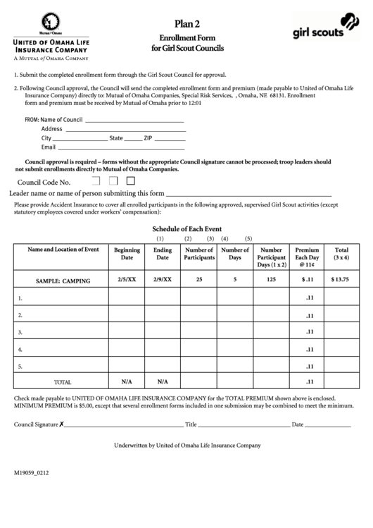 Plan 2 - Enrollment Form For Girl Scout Councils - 2012 Printable pdf
