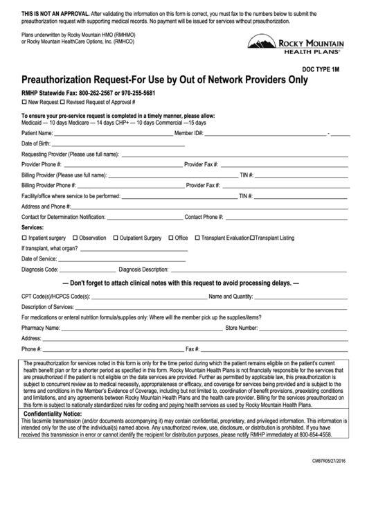 Preauthorization Request Form - For Use By Out Of Network Providers Only Printable pdf