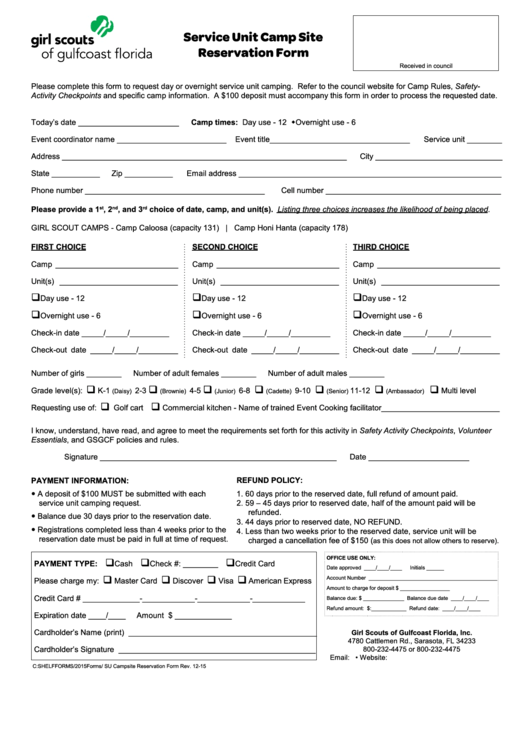 Fillable Girl Scouts Of Gulfcoast Florida Service Unit Camp Site Reservation Form Printable pdf