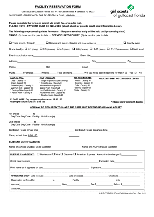 Fillable Girl Scouts Of Gulfcoast Florida Facility Reservation Form Printable pdf