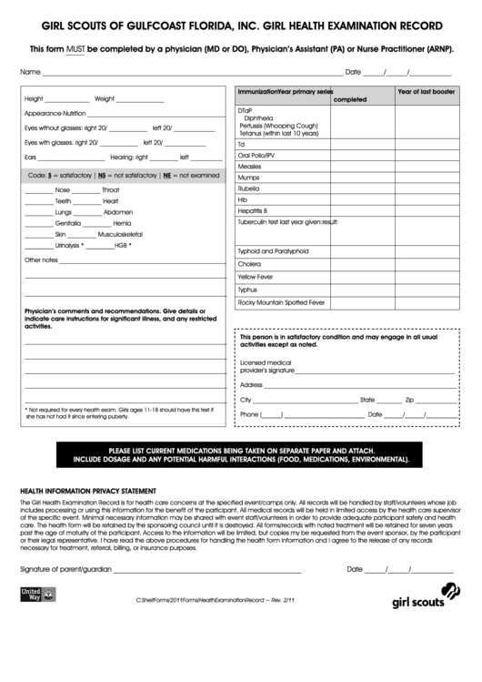Girl Scouts Of Gulfcoast Florida Girl Health Examination Record Form Printable pdf