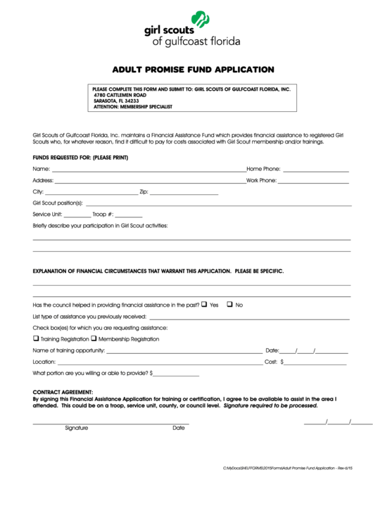 Fillable Adult Promise Fund Application Form Printable pdf