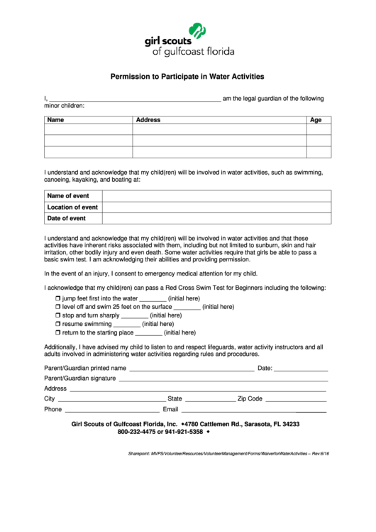 Fillable Permission To Participate In Water Activities Form Printable pdf