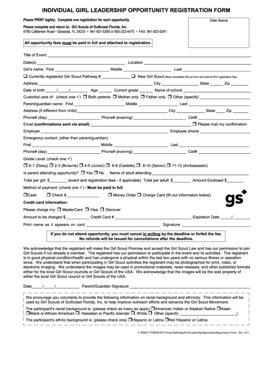 Fillable Individual Girl Leadership Opportunity Registration Form Printable pdf