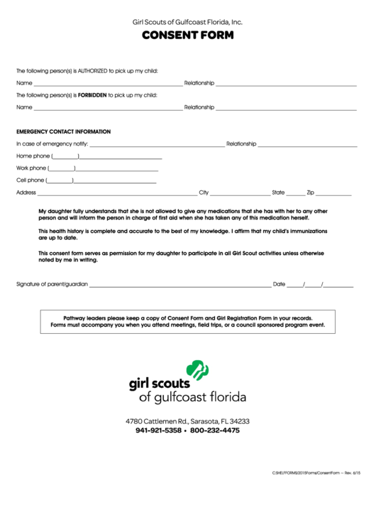 Fillable Girl Scouts Of Gulfcoast Florida Consent Form Printable pdf