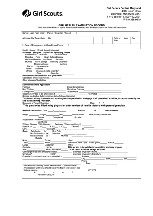Form 07-1273 - Girl Health Examination Record Form Printable pdf