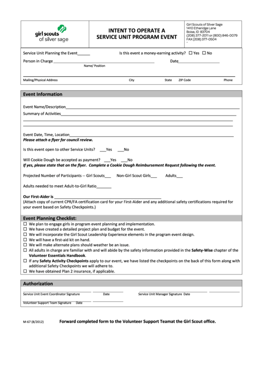 Fillable Form M-67 - Intent To Operate A Service Unit Program Event Form Printable pdf