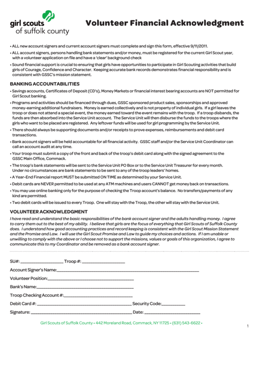 Fillable Volunteer Financial Acknowledgment Form Printable pdf