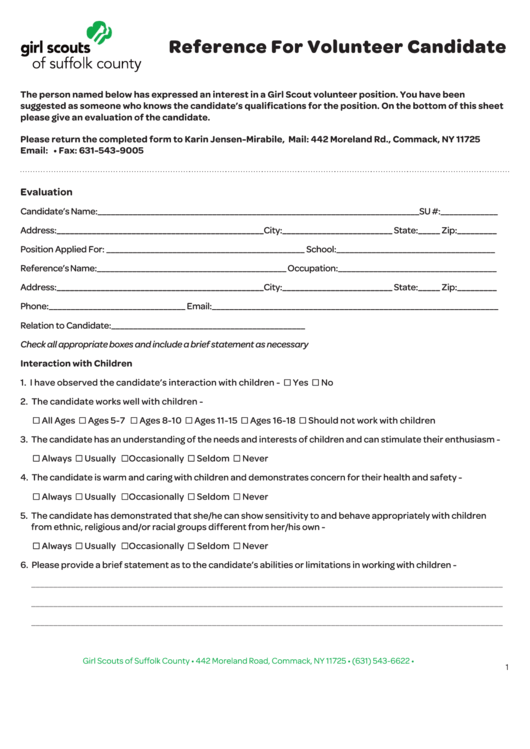 Fillable Reference For Volunteer Candidate Form Printable pdf