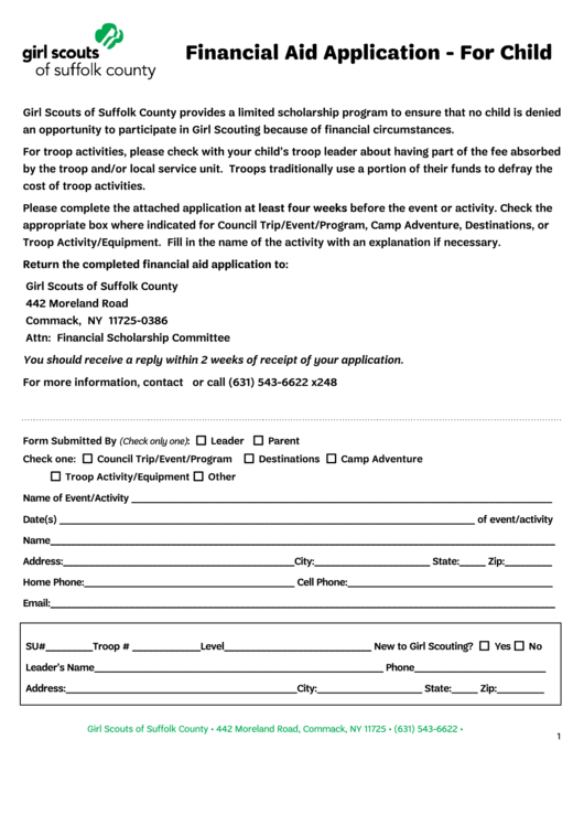 Financial Aid Application For Child Form Printable pdf