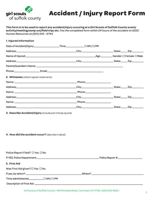 Fillable Accident / Injury Report Form printable pdf download