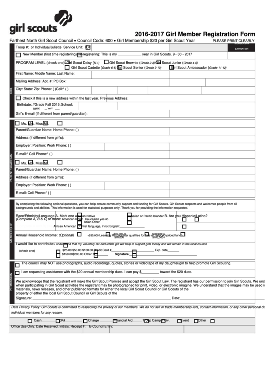 Girl Member Registration Form - 2016-2017 Printable pdf