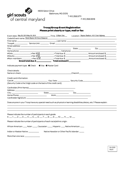 Fillable Troop/group Event Registration Form Printable pdf