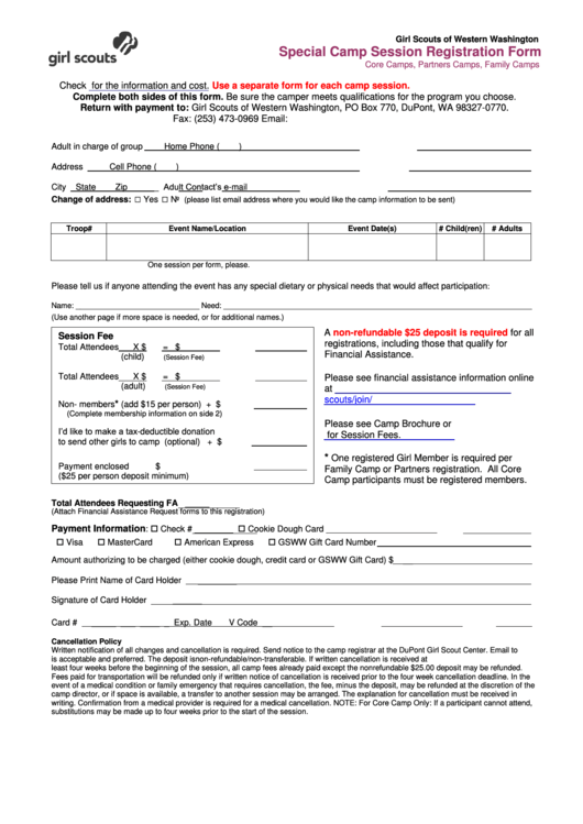 Girl Scouts Of Western Washington Special Camp Session Registration Form Printable pdf