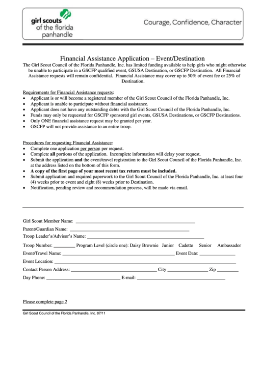 Financial Assistance Application Event/destination Form Printable pdf