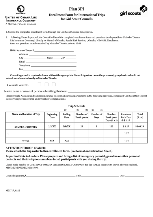 Form Plan 3pi - Enrollment Form For International Trips For Girl Scout Councils Printable pdf
