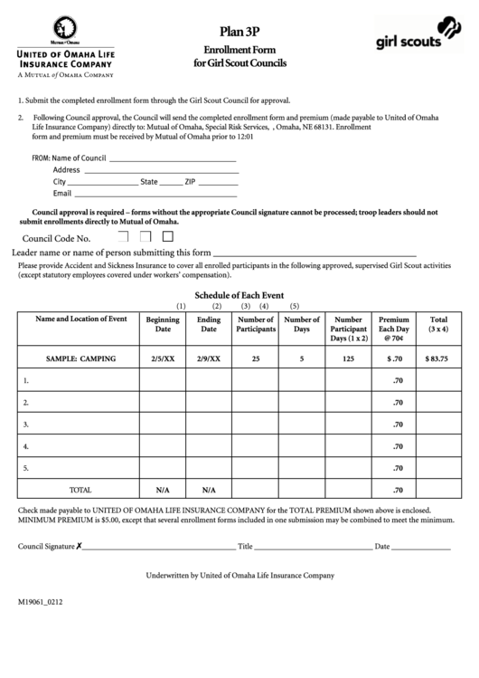 Plan 3p - Enrollment Form For Girl Scout Councils - 2012 Printable pdf