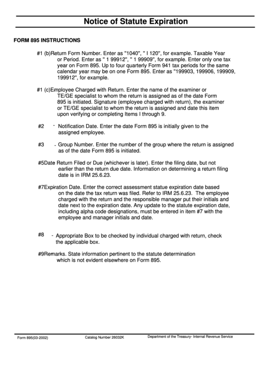 Form 895 - Notice Of Statute Expiration Printable pdf