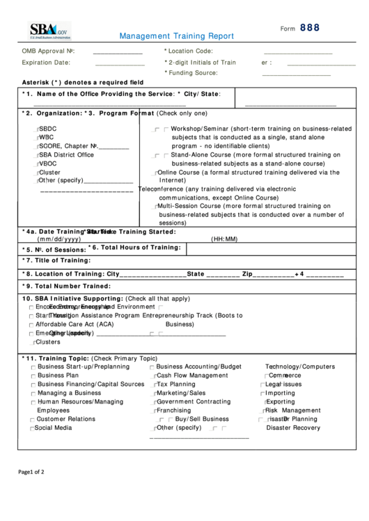 Form 888 - Management Training Report - U.s. Small Business Administration Printable pdf