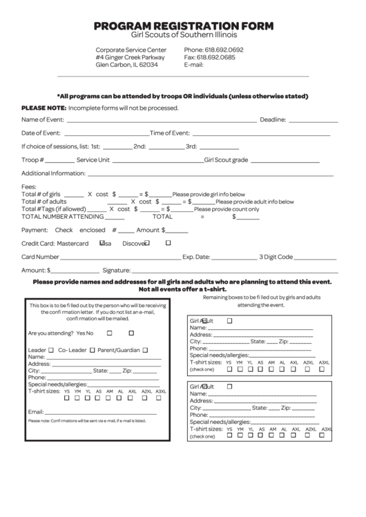 Fillable Girl Scouts Of Southern Illinois Program Registration Form Printable pdf