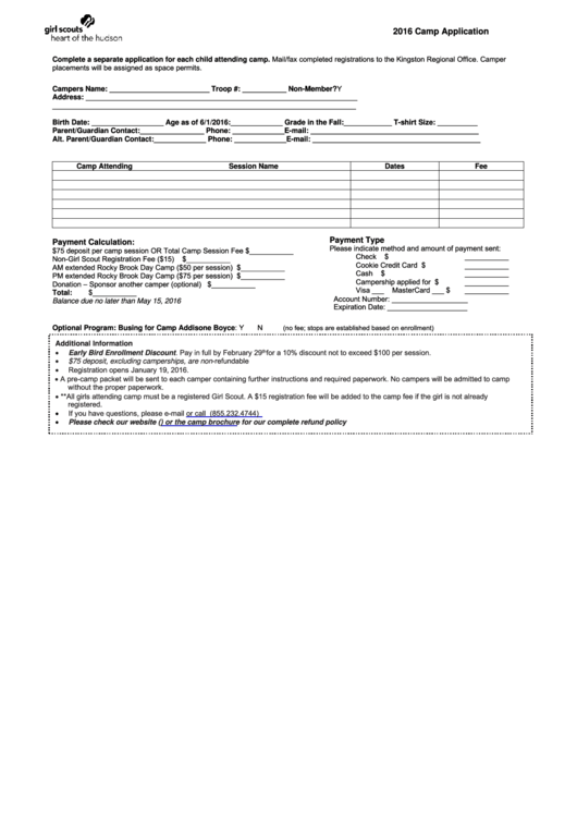 Fillable Camp Application Form - 2016 Printable pdf