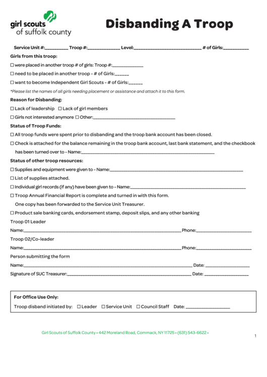 Fillable Girl Scouts Of Suffolk County Disbanding A Troop Form Printable pdf