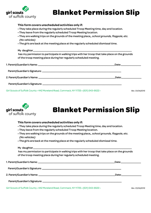 Fillable Girl Scouts Of Suffolk County Blanket Permission Slip Form Printable pdf