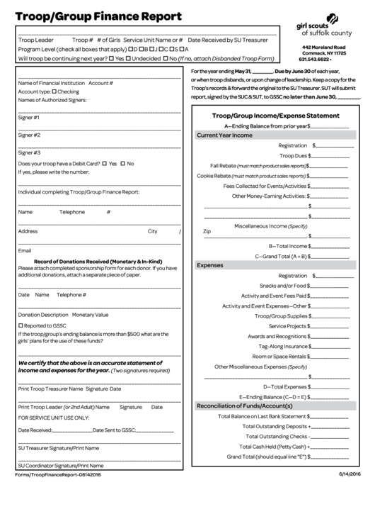Fillable Troop/group Finance Report Form Printable pdf