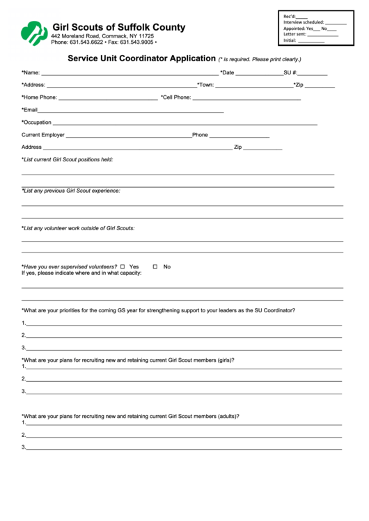 Girl Scouts Of Suffolk County Service Unit Coordinator Application Form Printable pdf