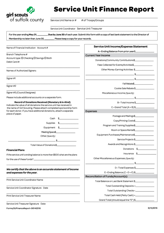 Fillable Service Unit Finance Report Form Printable pdf