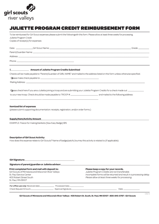 Fillable Girl Scouts Of Minnesota And Wisconsin River Valleys Juliette Program Credit Reimbursement Form Printable pdf