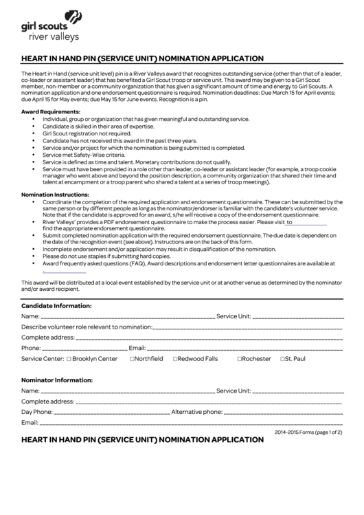 Fillable Girl Scouts Of Minnesota And Wisconsin River Valleys Heart In Hand Pin (Service Unit) Nomination Application Form Printable pdf