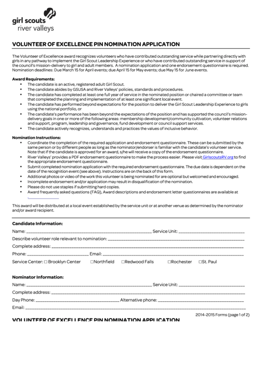 Fillable Girl Scouts Of Minnesota And Wisconsin River Valleys Volunteer Of Excellence Pin Nomination Application Form Printable pdf